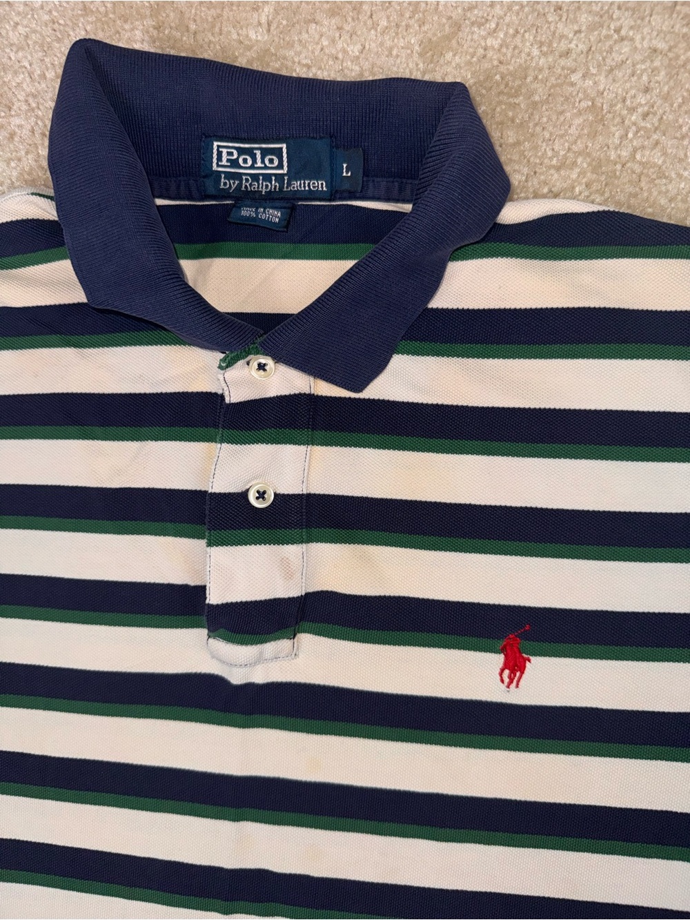 Polo by Ralph Lauren Navy, White & Green Striped Cotton Polo